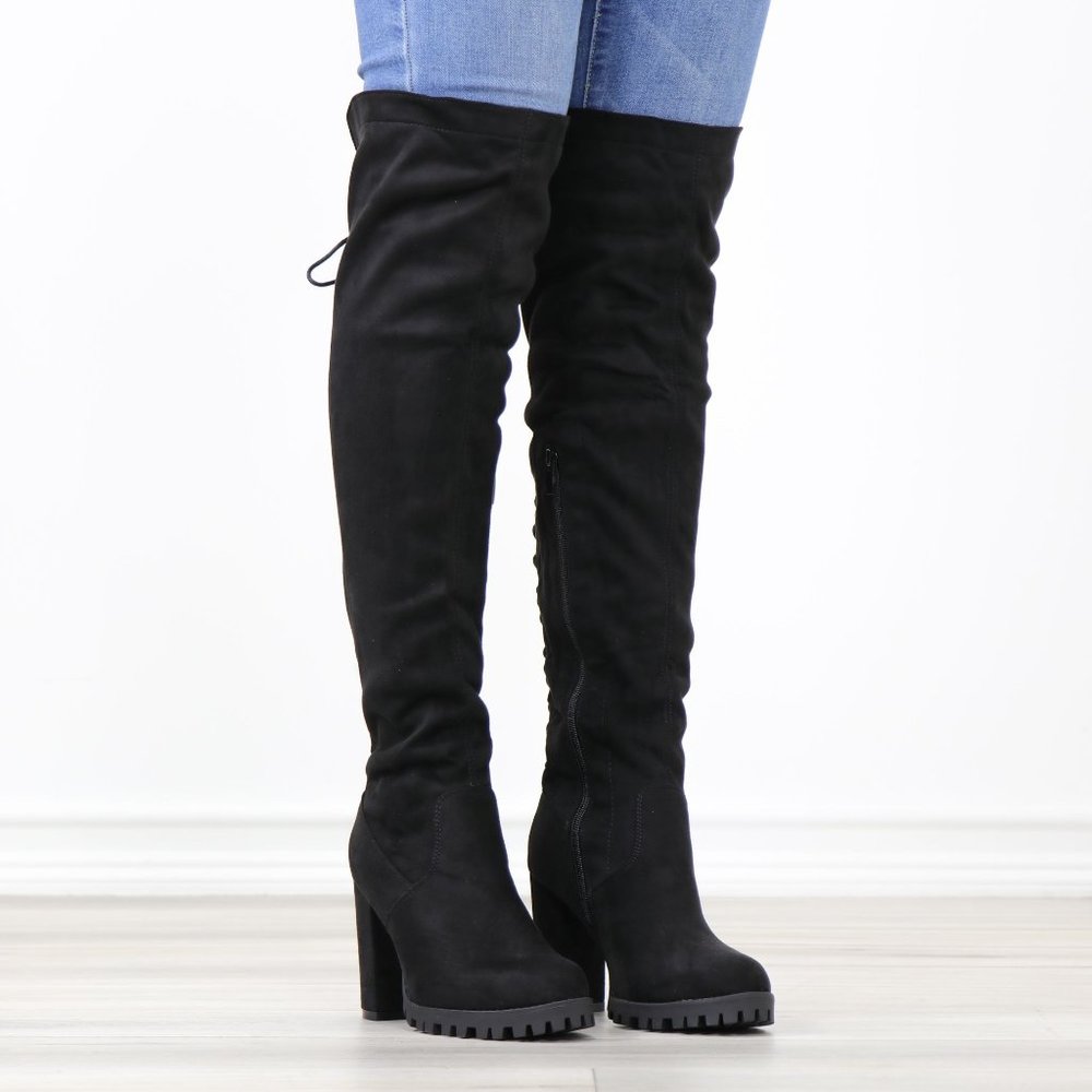 Full Lace-Up Back Black Faux Suede Thigh High Over The Knee Lug Block Heel Boots - Picture 3 of 14